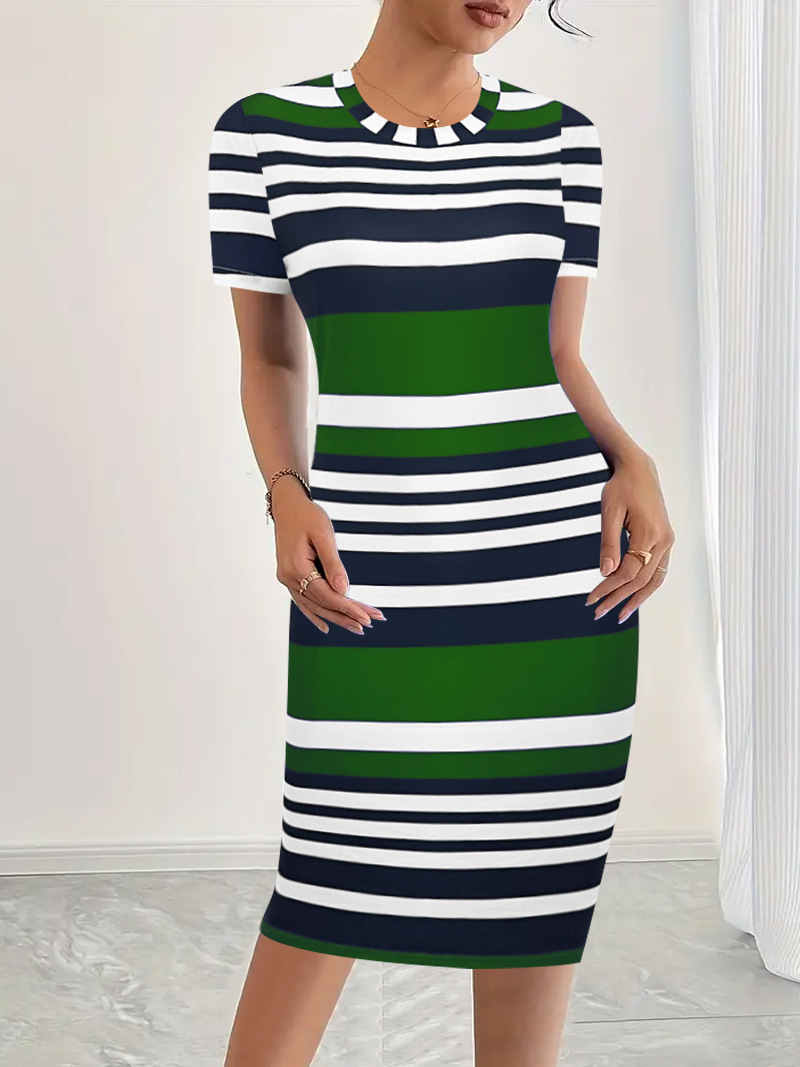 Striped Print Round Neck Short Sleeve Dress