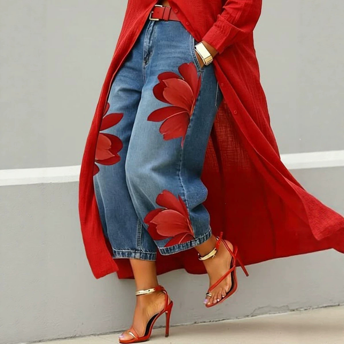 Women's Summer Wide-Leg Faux Denim Pants Printed Loose Fit