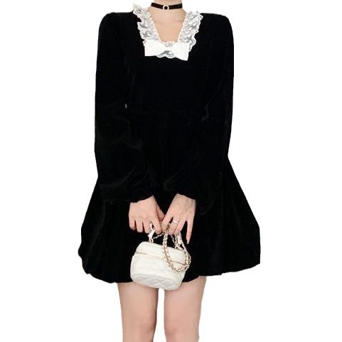 Retro Velvet Little Black Dress with Bow, Plus Size Slimming Mini Dress