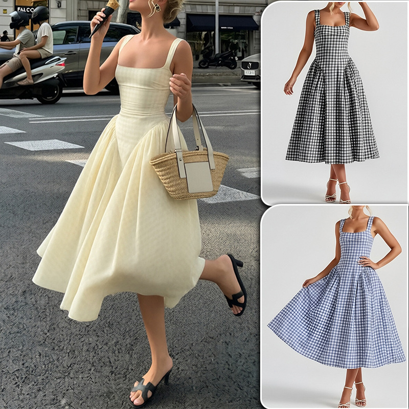 Women's Sleeveless Spaghetti Strap French Dress with Waist