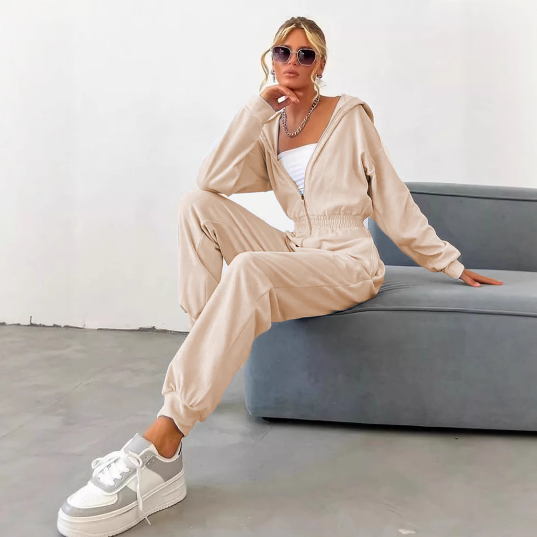 Women's Velvet Long Sleeve Jumpsuit with Half Placket and Elastic Waist