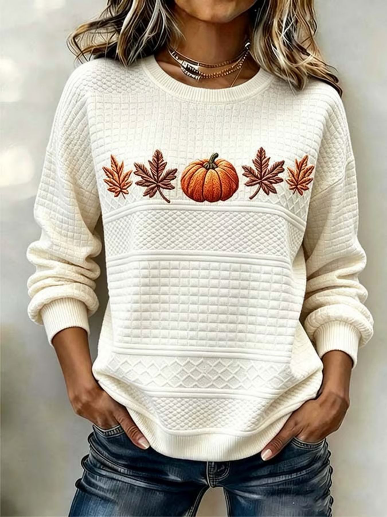 Pumpkin Maple Leaf Waffle Print Crewneck Long-Sleeve Women's Sweatshirt
