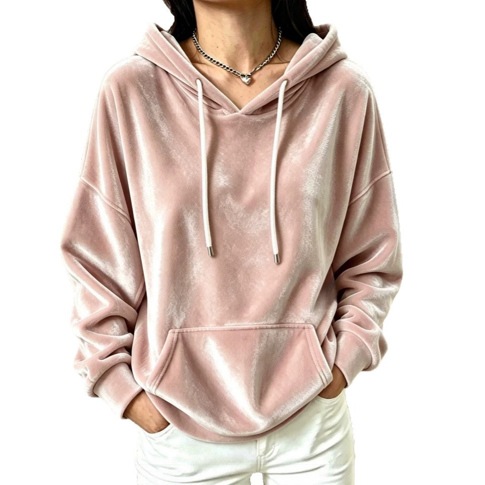 Velvet Hooded Drawstring Pocket Pullover Sweatshirt