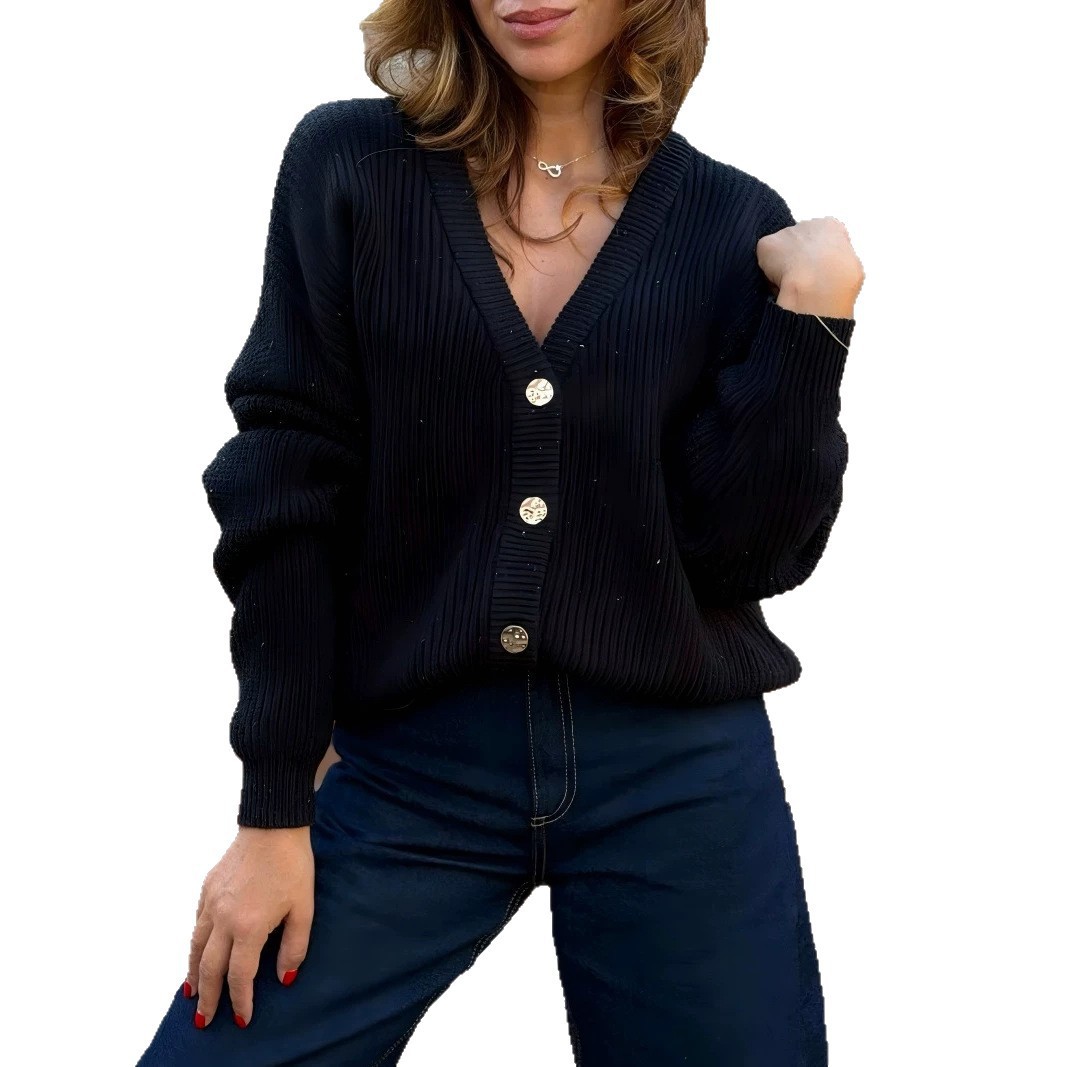 V-Neck Slimming Knit Cardigan Women's Long Sleeve Solid Button-Up Sweater