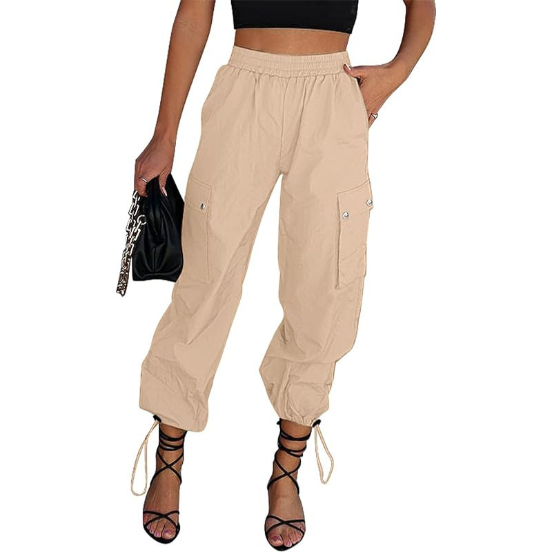Women's High-Waist Parachute Cargo Pants with Drawstring and Pockets
