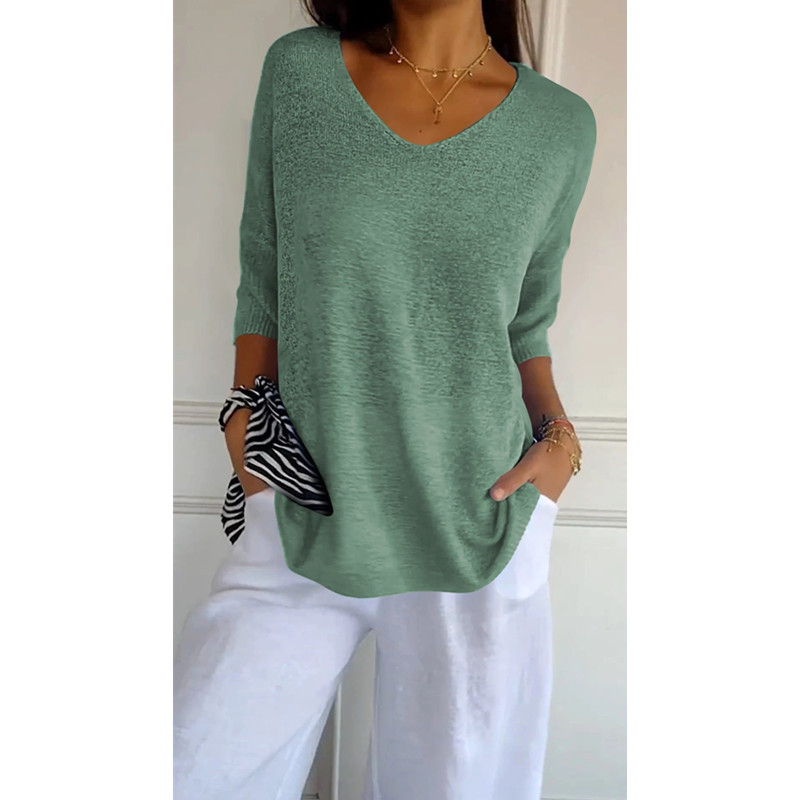Women's V-Neck 3/4 Sleeve Solid Knit Top Slimming Casual Pullover