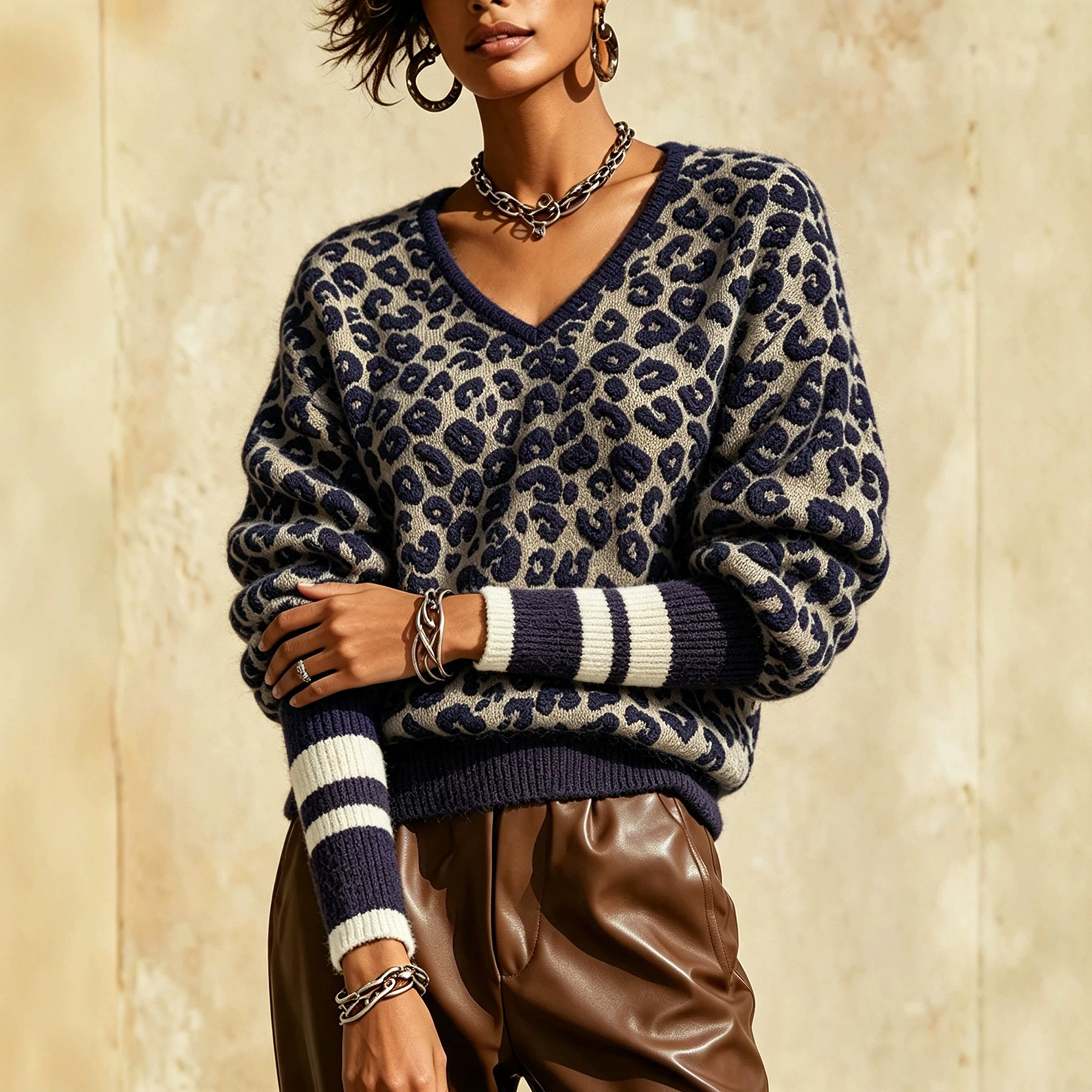 Women's Leopard Jacquard Knit Sweater V-Neck Striped Sleeve Cuffs