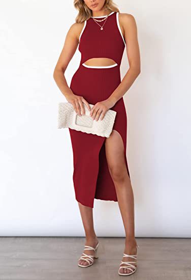 Women's Sleeveless Ribbed Midi Dress with Round Neck and Slit
