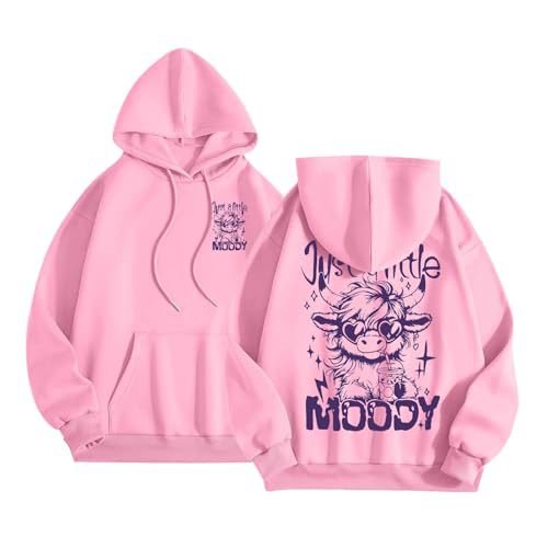 Women's Moody Letter Print Hoodie with Bull Head Sunglasses Graphic
