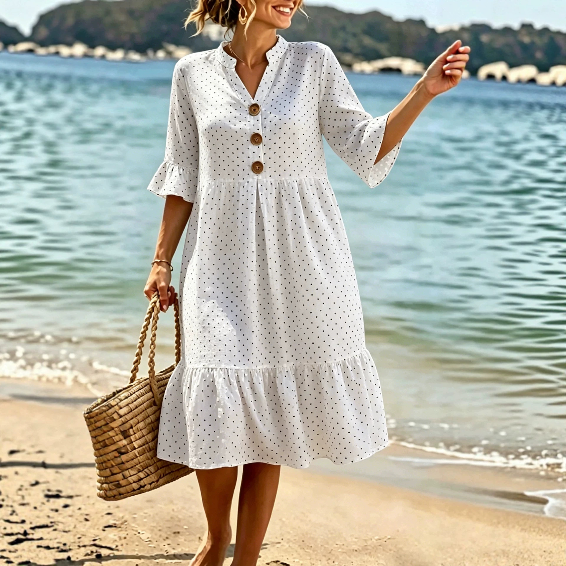 V-Neck Polka Dot Ruffle Sleeve Boho Midi Dress