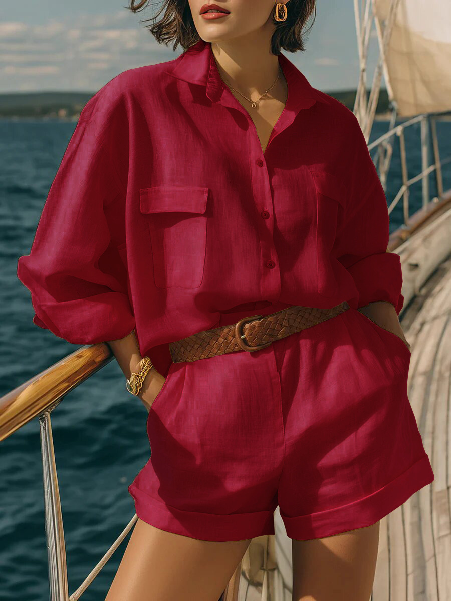 Women's Solid Color Cotton-Linen Loose Button-Front Shirt and Shorts Casual Set