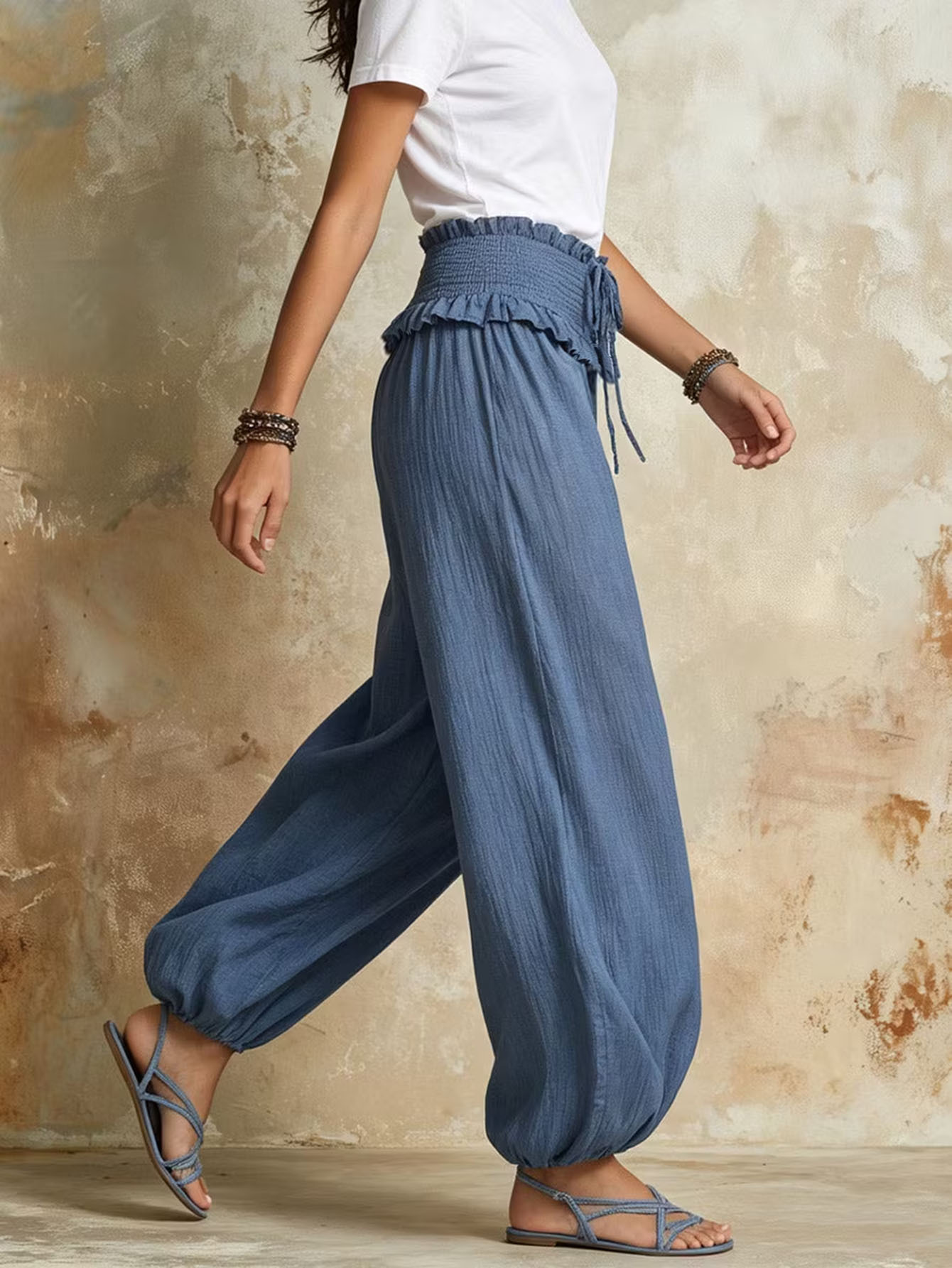 High-Waist Wide-Leg Ruffle Trim Pants for Women, Loose Flowing Floor-Length