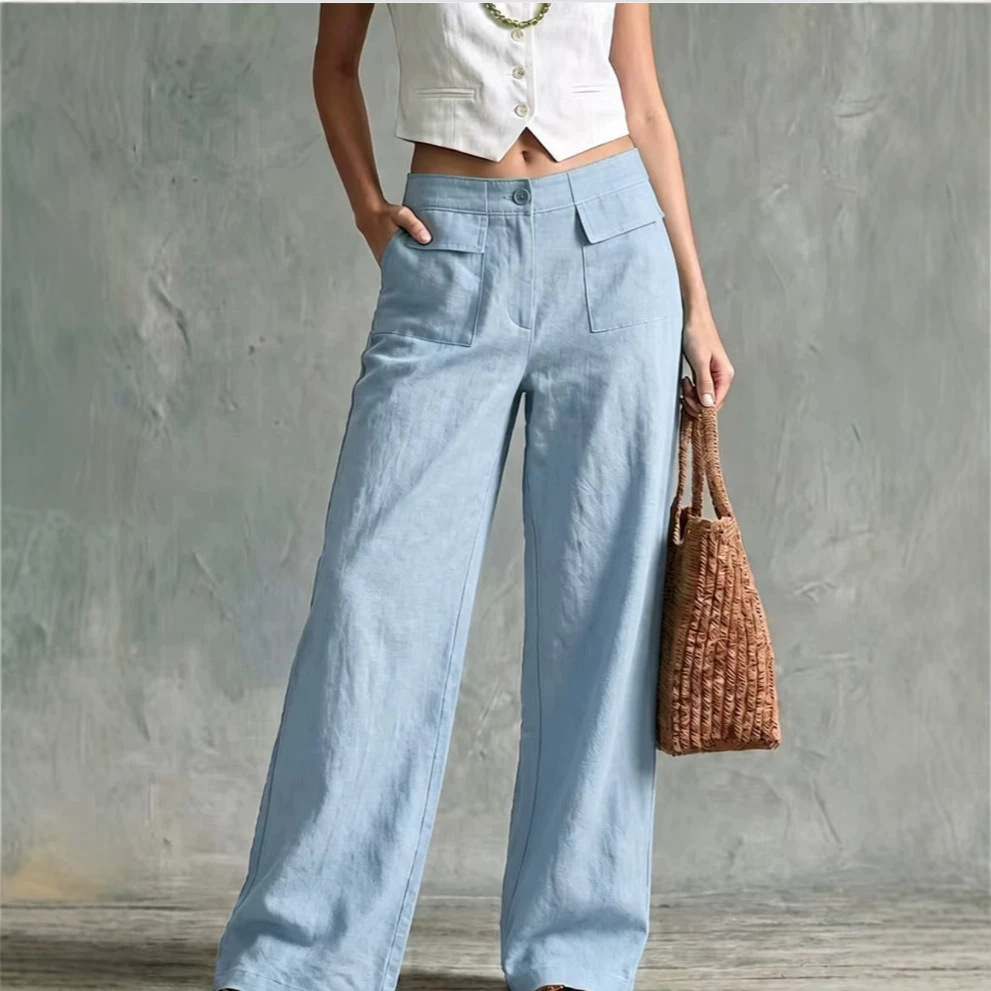 Women's High-Waist Wide-Leg Cotton-Blend Casual Pants