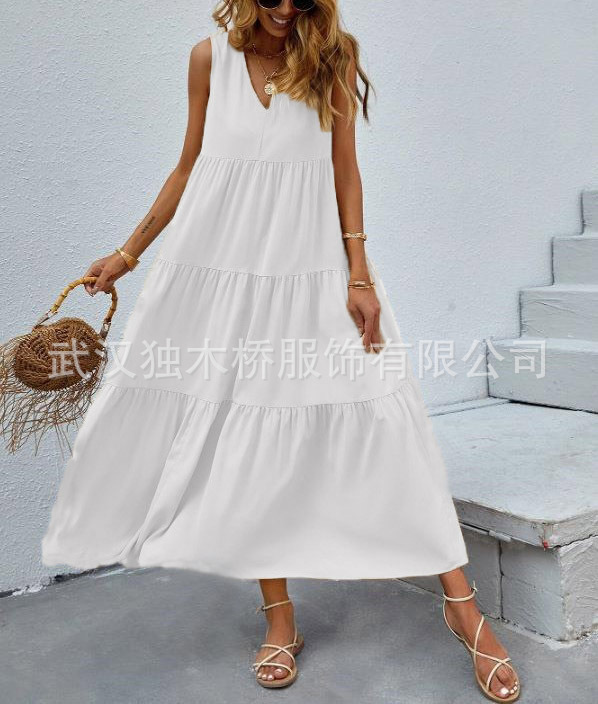 Women's Sleeveless V-Neck Flowy Maxi Dress Loose Waist Solid Color