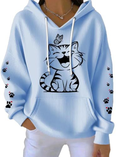 Women's Cat Paw Print Hoodie Long Sleeve Crewneck Pullover