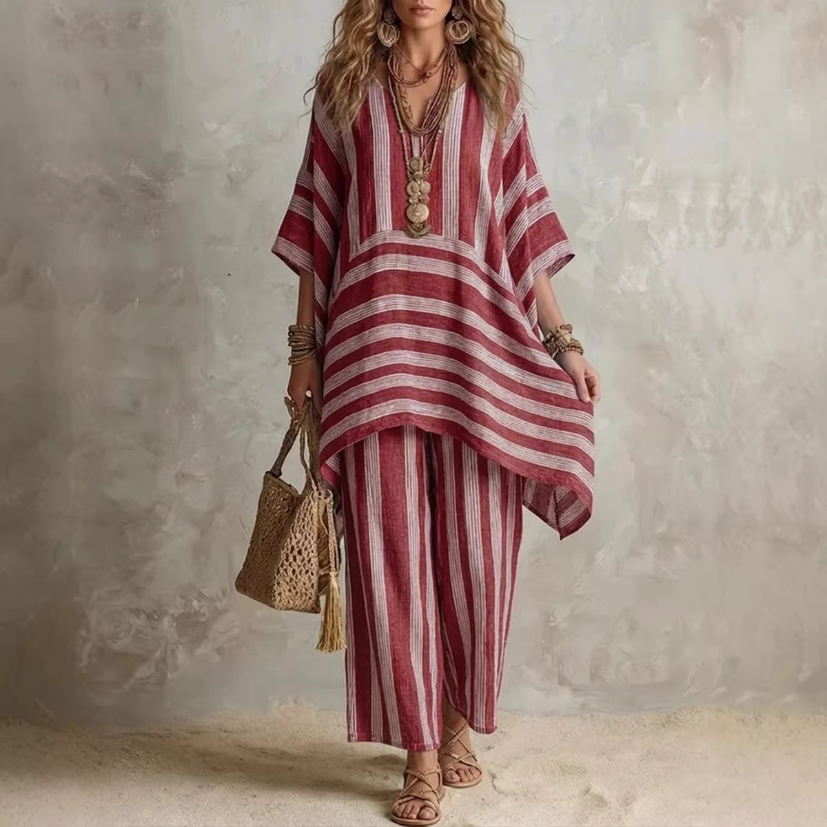 V-Neck Striped Two-Piece Lounge Set
