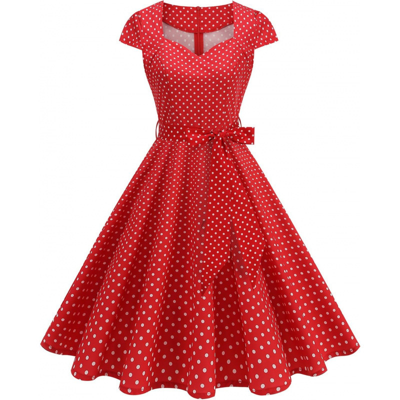 Retro Polka Dot V-Neck Short Sleeve Midi Dress with Tie