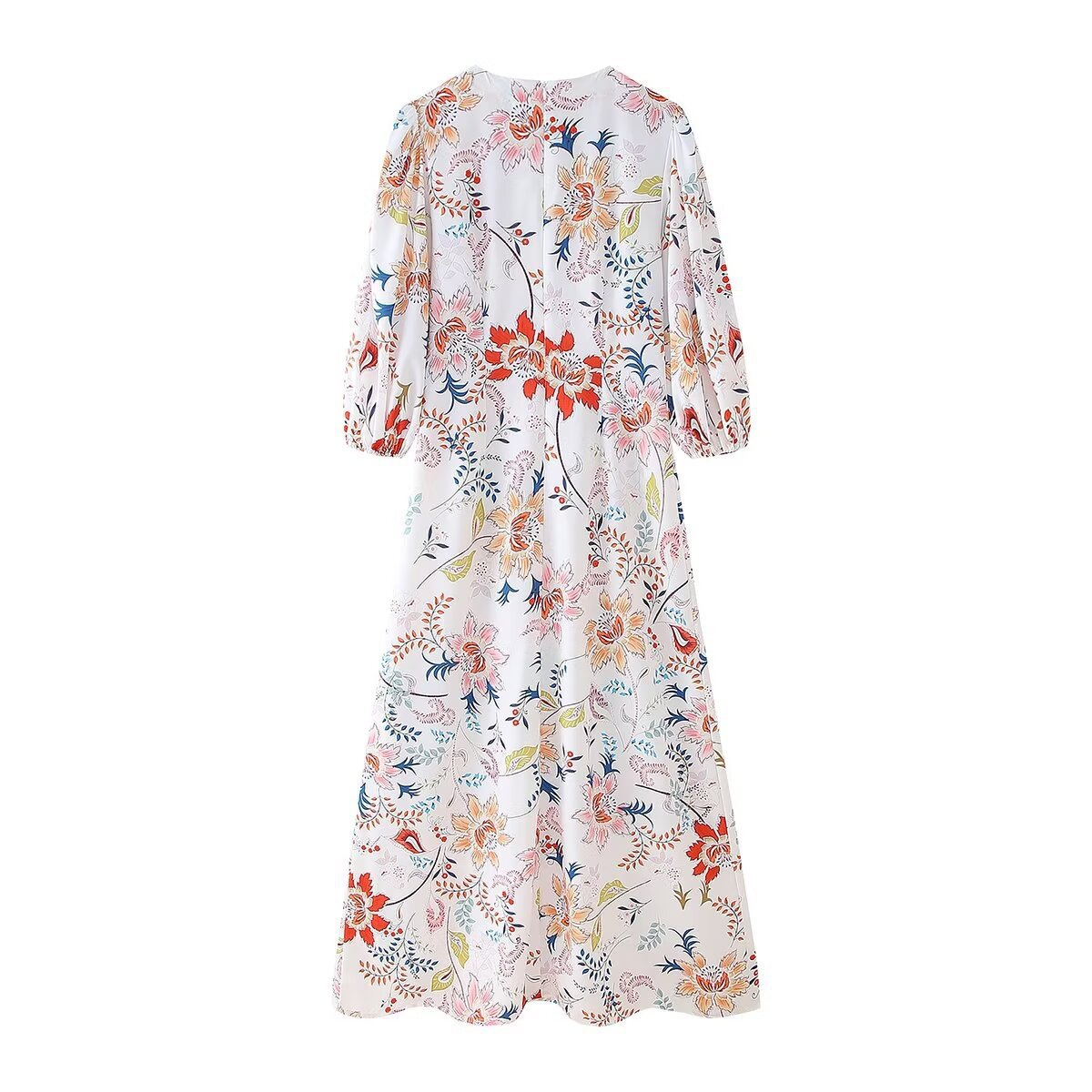 Women's Elegant Printed Long Dress with Short Sleeves and High Waist