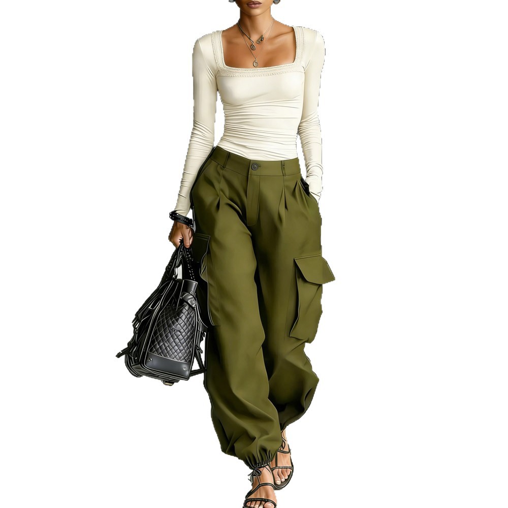 High-Waisted Cargo Pants Loose Tapered Solid Casual Pocket Streetwear