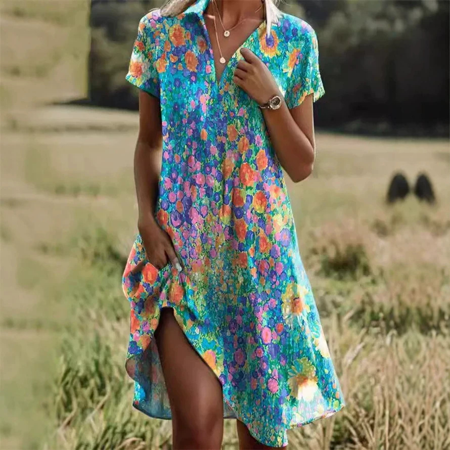 Women's Floral Print Casual Midi Dress Short Sleeve Deep V-Neck Slim Fit