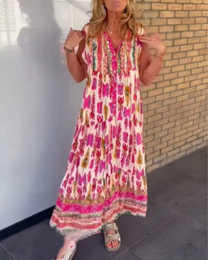 V-Neck Sleeveless Printed Maxi Dress