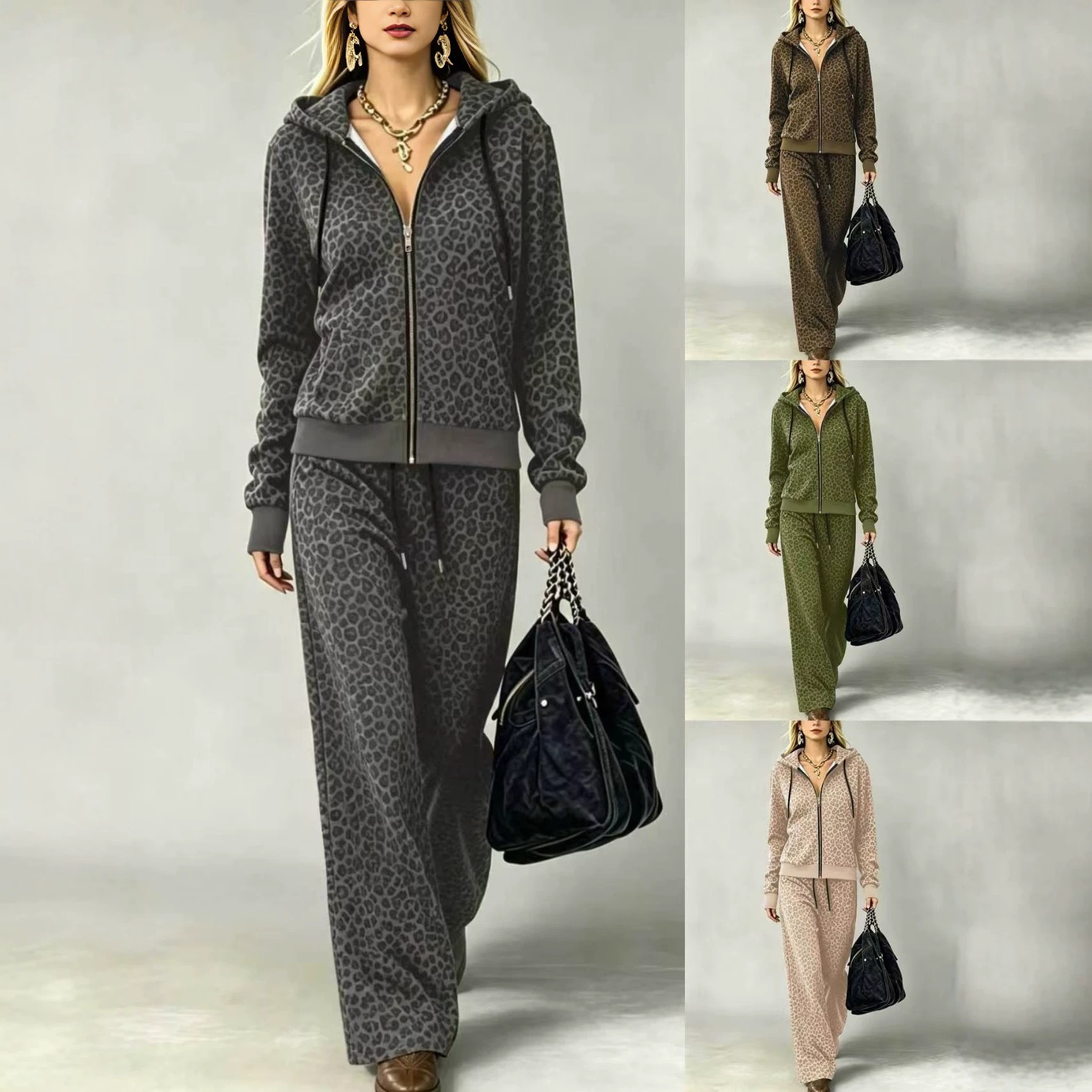 Leopard Print Zip-Up Hooded Cardigan & Wide-Leg Pants Set