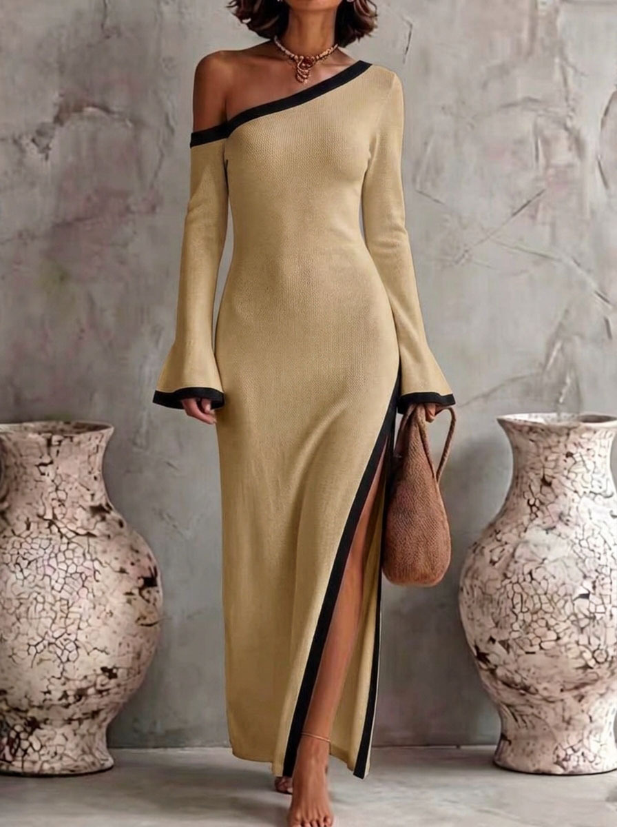 Women's Color-Block One-Shoulder Long-Sleeve Bodycon Dress