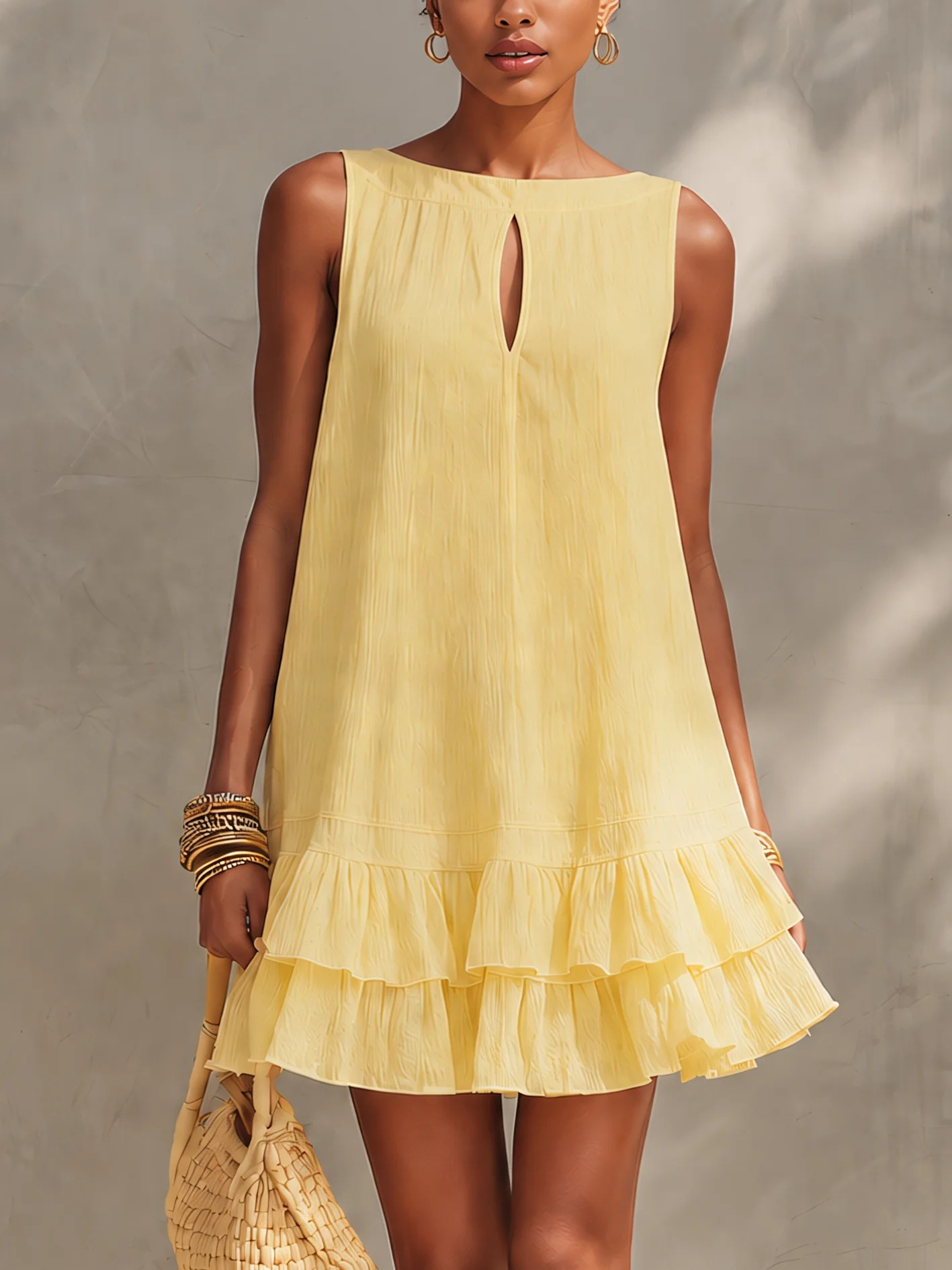 Light Yellow Textured Boat Neck Cutout Sleeveless A-Line Dress with Double Ruffle Hem