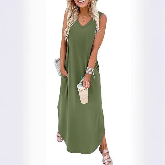 Women's Sleeveless V-Neck Maxi Dress with Pockets for Beach Vacation