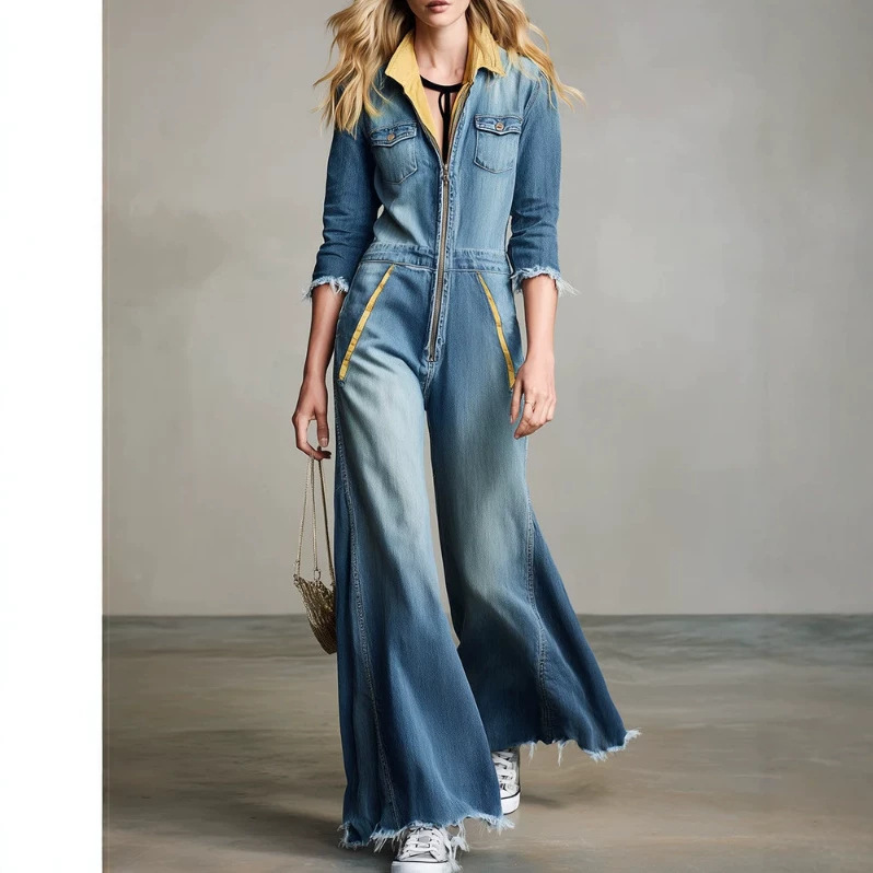 Women's Denim Jumpsuit Long Sleeve Wide Flare Leg Casual