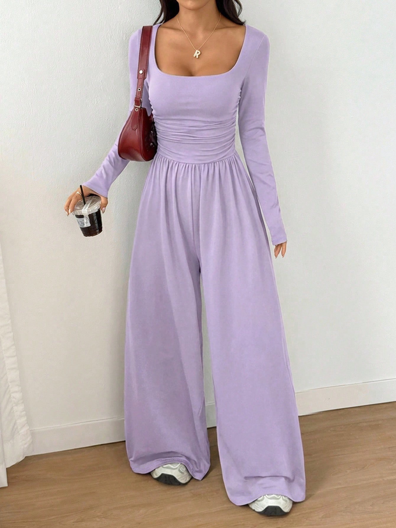 U-Neck Long-Sleeve Slimming Wide-Leg Jumpsuit