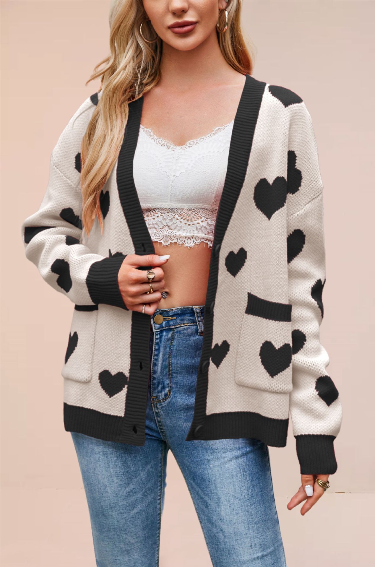 Heart Jacquard V-Neck Cardigan with Pockets