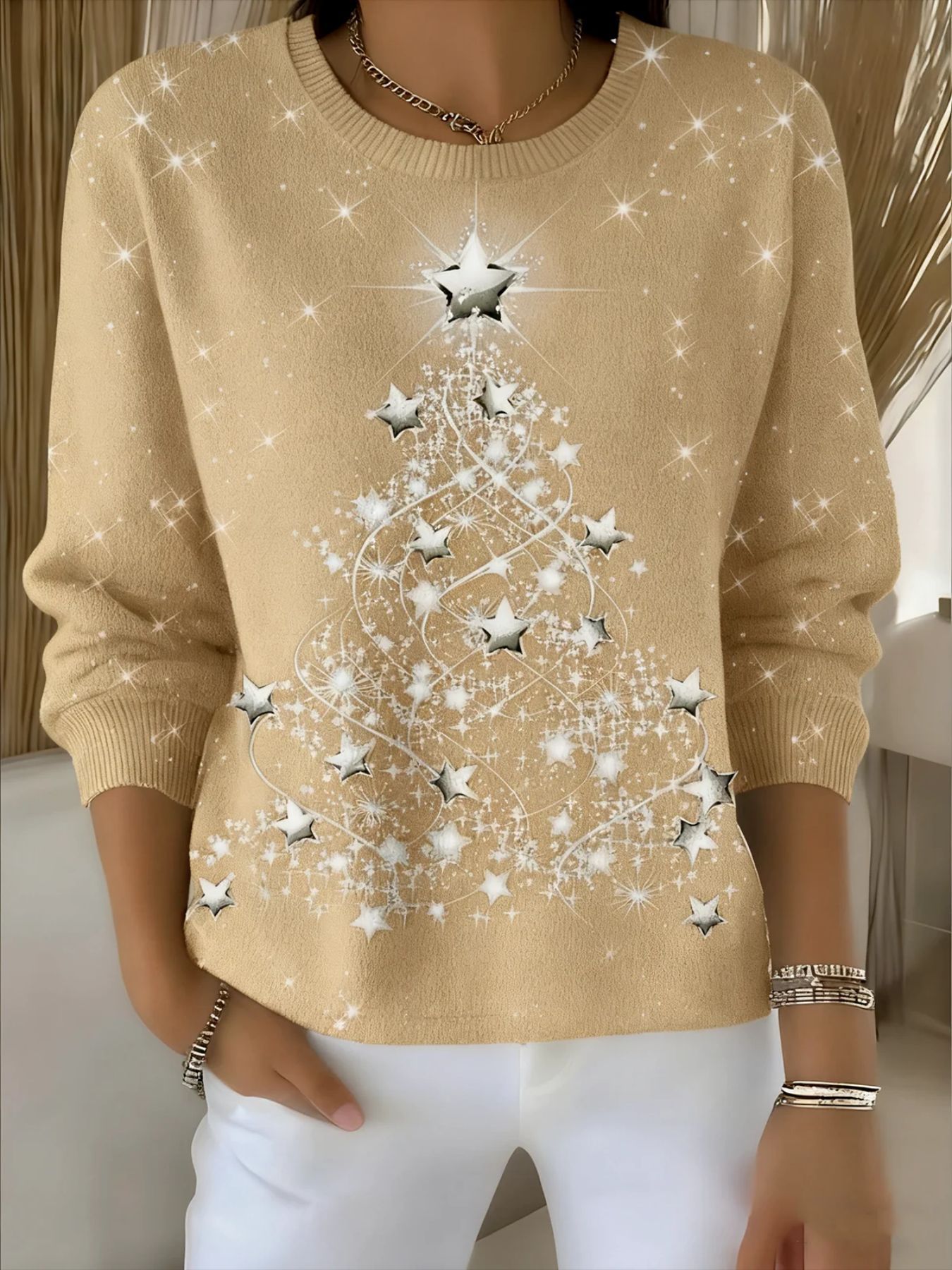 Christmas Star Tree Print Crewneck Long Sleeve Pullover Sweatshirt