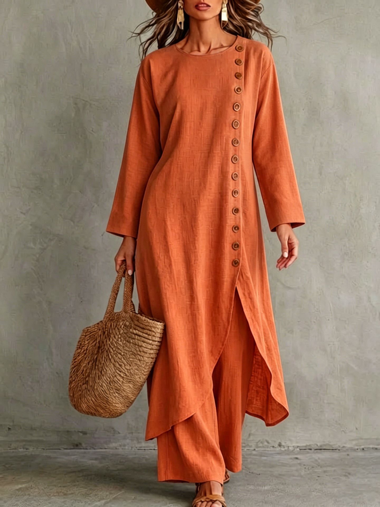 Solid Color Loose Button Round Neck Long Sleeve Dress