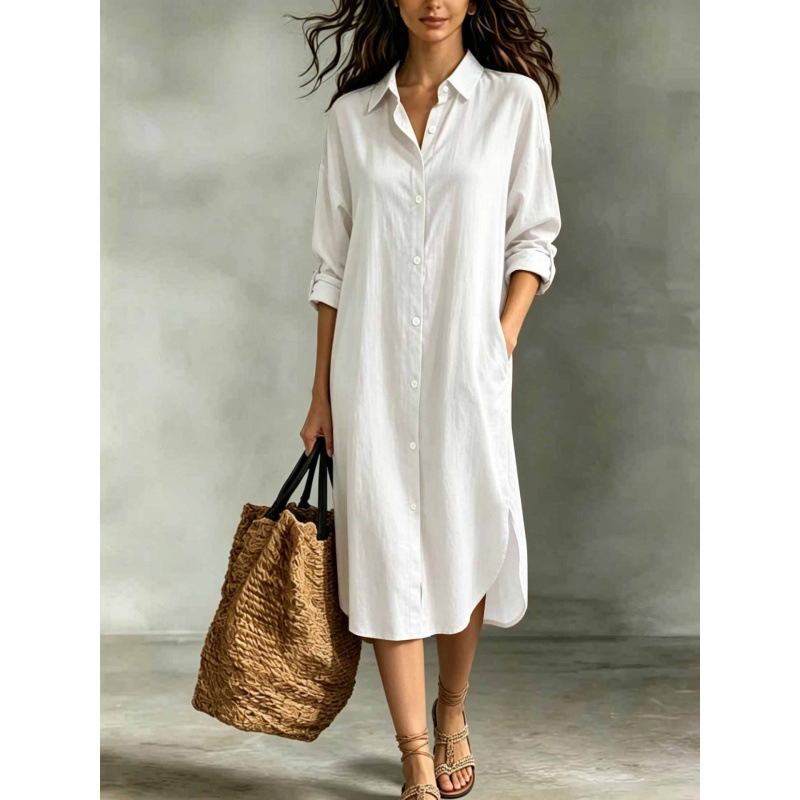 Women's Loose Cotton-Linen Shirt Dress with Pockets