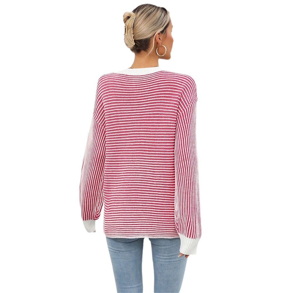 Color-Block Striped Crewneck Pullover Knit Sweater