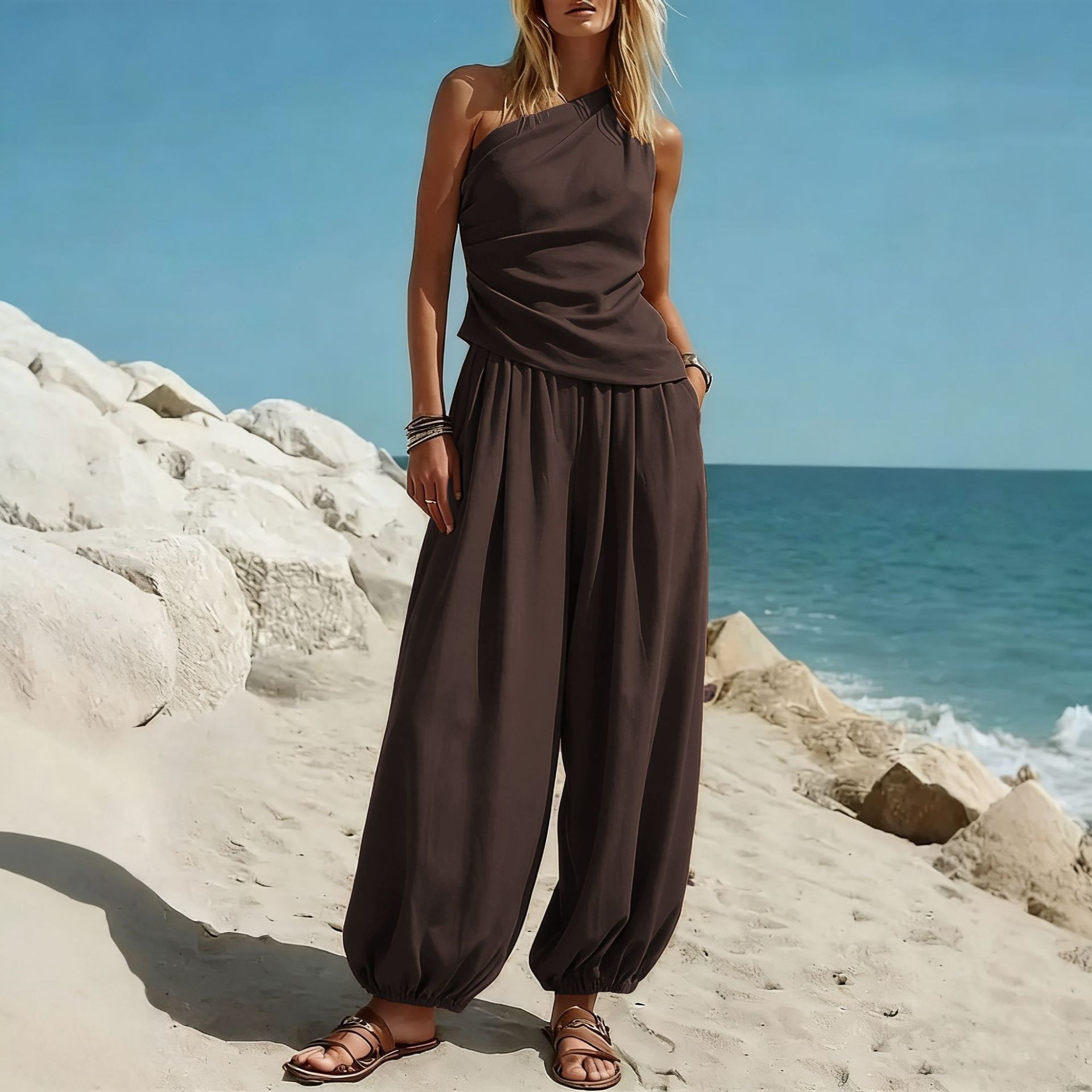 Women's Sleeveless Tank Top and High-Waist Pants Set Solid Color Casual