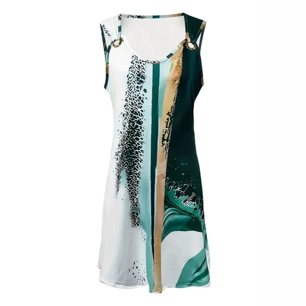 Elegant Sleeveless V-Neck Midi Dress with Metal Ring Detail