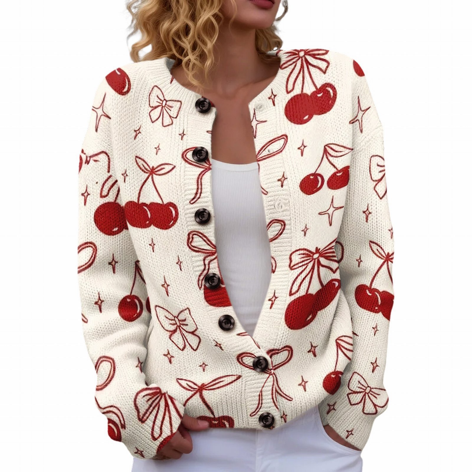 Women's Heart Ribbon Bow Cherry Print Cardigan
