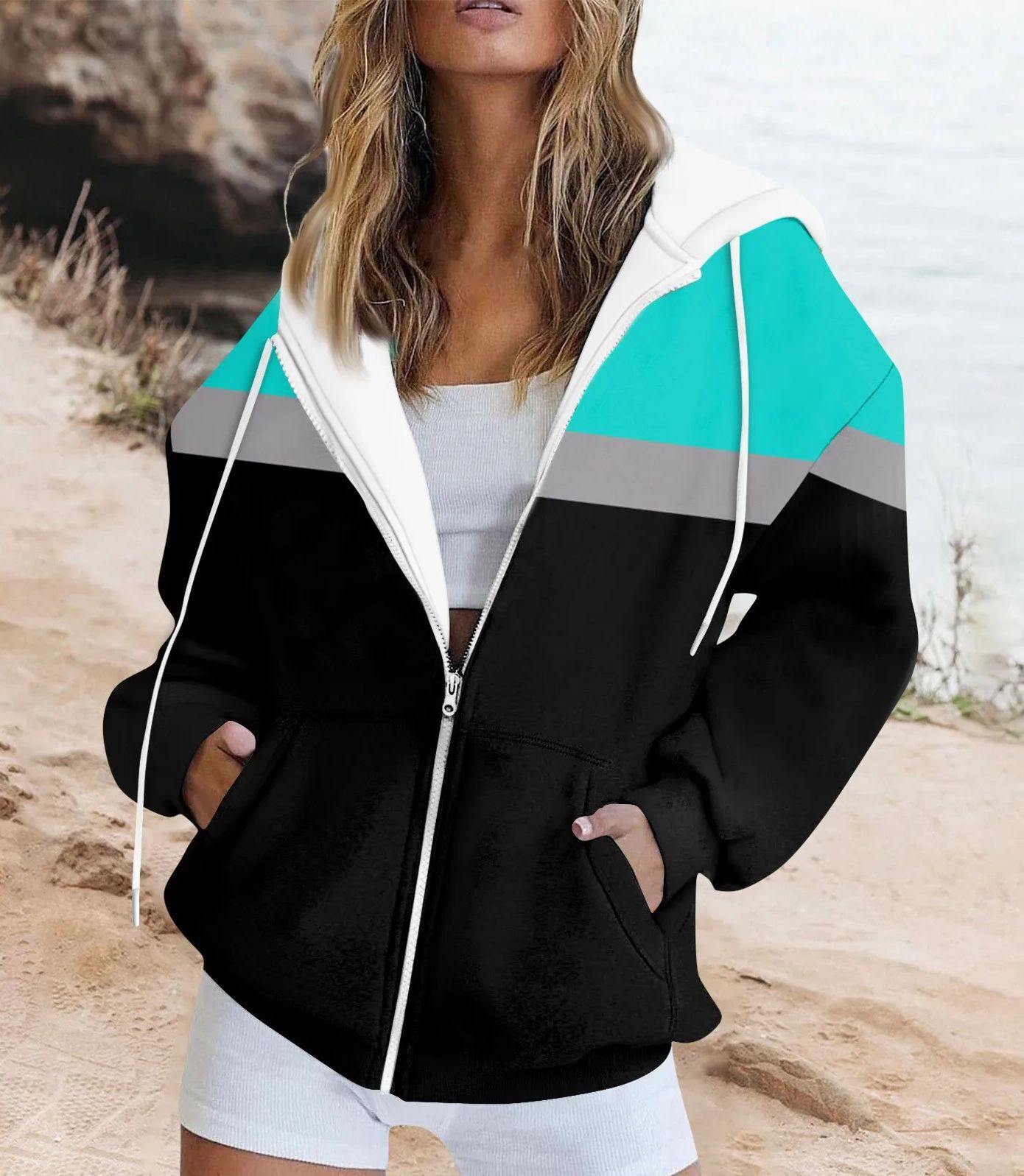 Women's Colorblock Print Zip-Up Sweatshirt
