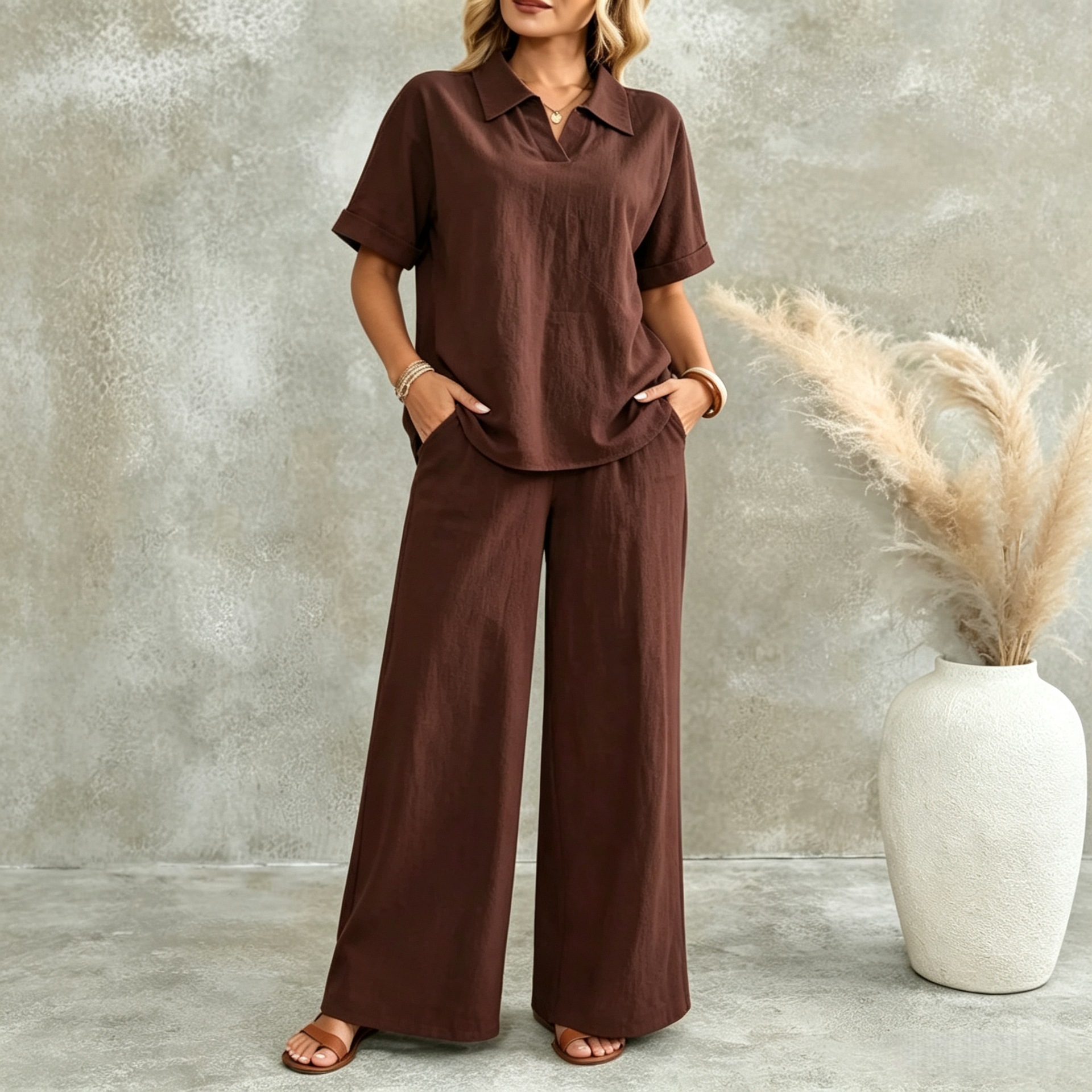 Women's Solid Short-Sleeve Collared Shirt & Wide-Leg Pants Two-Piece Set
