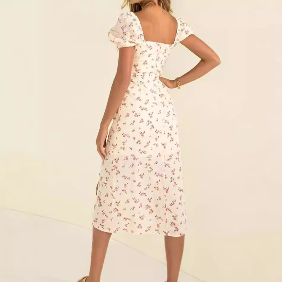 Women's French Vintage Floral Dress Slim Fit Slit Long Puff Sleeve Square Neck