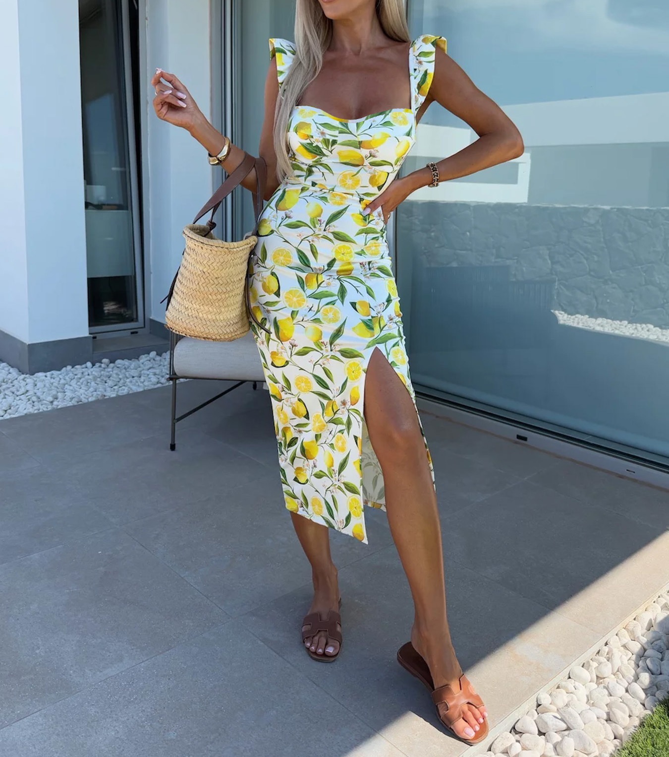 Elegant French Floral Slip Dress with Slit