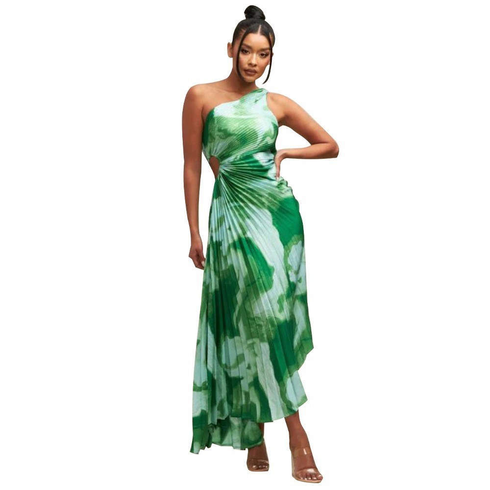 Sexy One-Shoulder Cutout Print Pleated Dress
