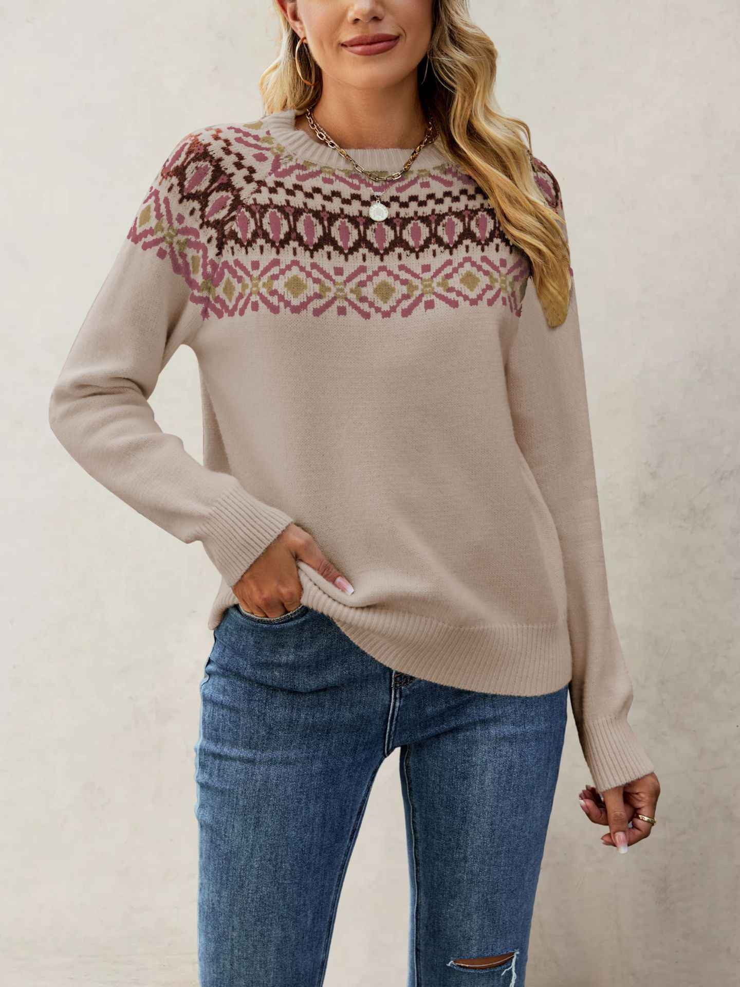 Women's Jacquard Knit Sweater Retro Crewneck Pullover