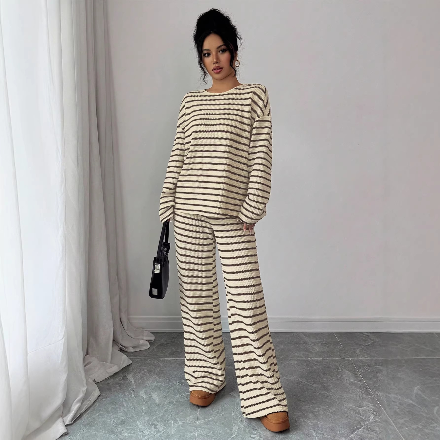 Women's Striped Lounge Set Long Sleeve Crewneck Tee and Pants