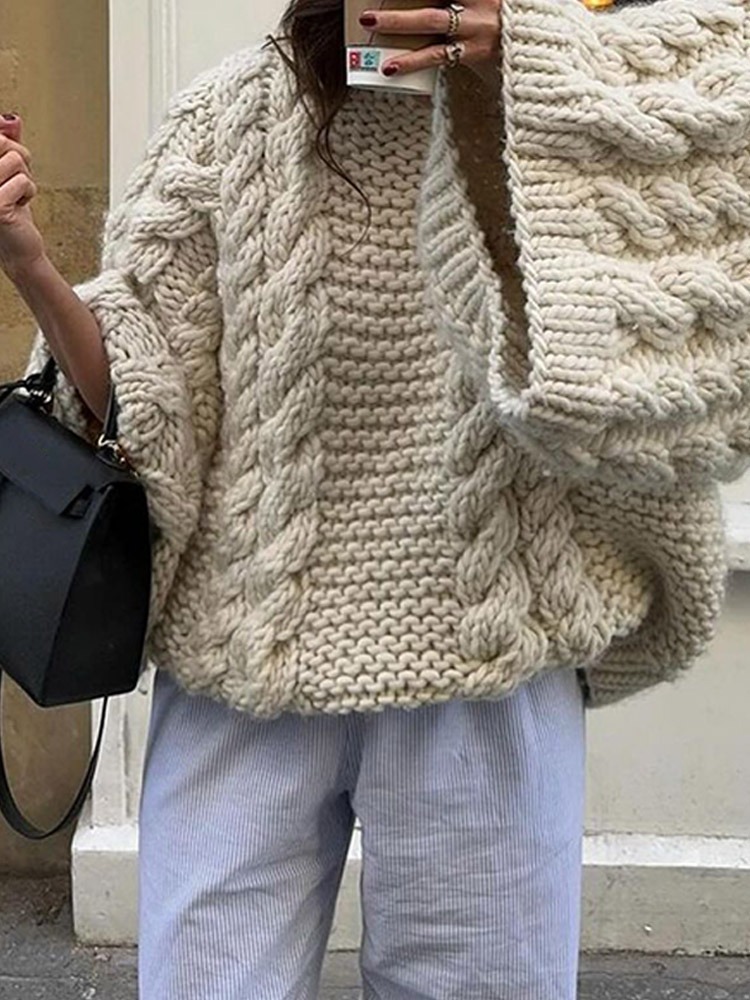 Women's Loose Crewneck Wide-Sleeve Knit Sweater Solid Color