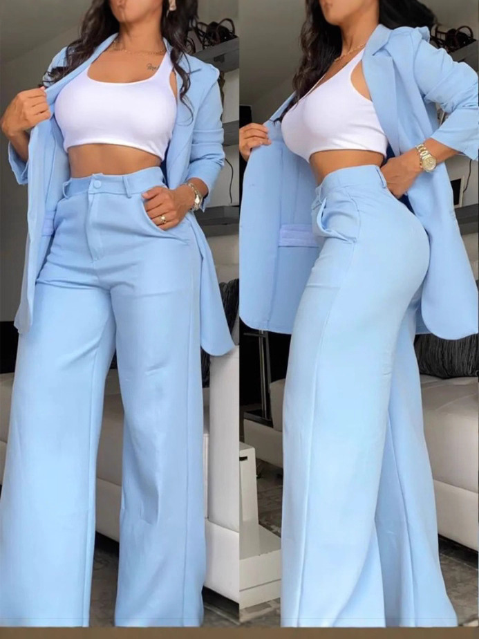 Women's Elegant Solid Color Split-Sleeve Lapel Blazer and Straight Pants Set