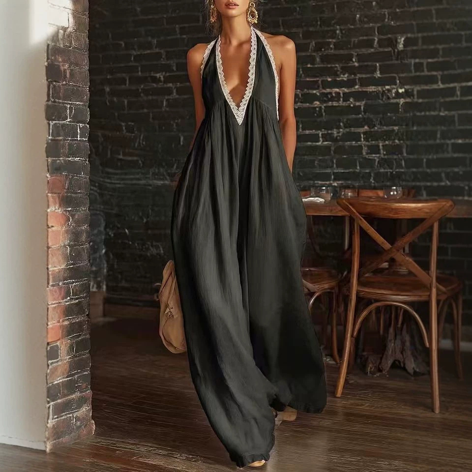 Women's Lace-Trim Loose Linen Jumpsuit Casual Elegant Sleeveless Straight-Leg