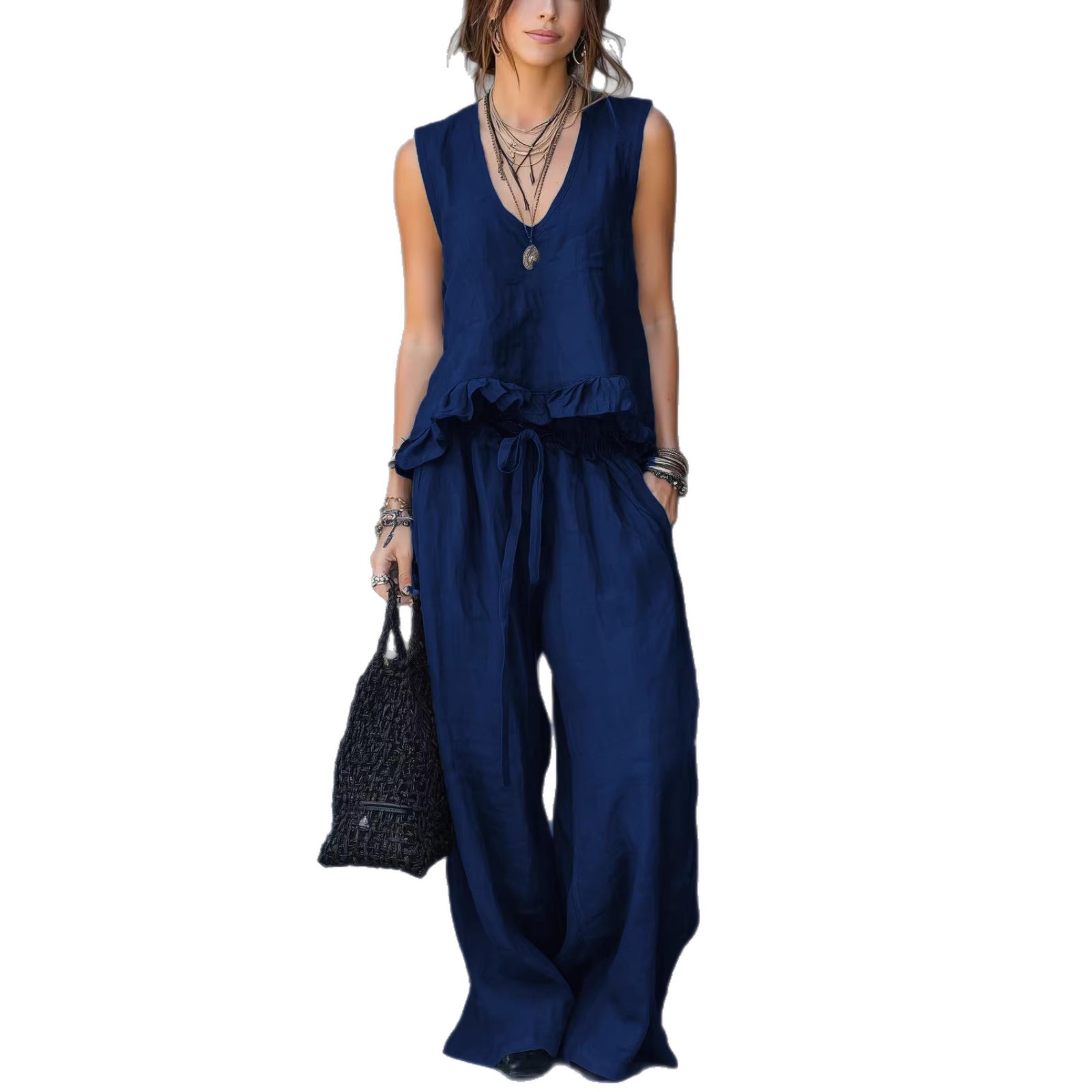 Sleeveless V-Neck Ruffle Top and Wide-Leg Pants Set